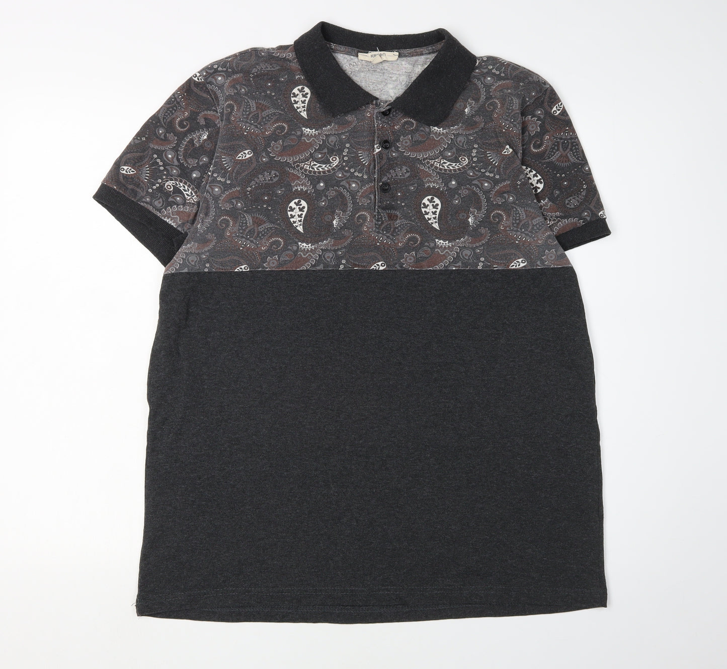 Koton Men's Black Paisley Polo Shirt XL Slim Fit