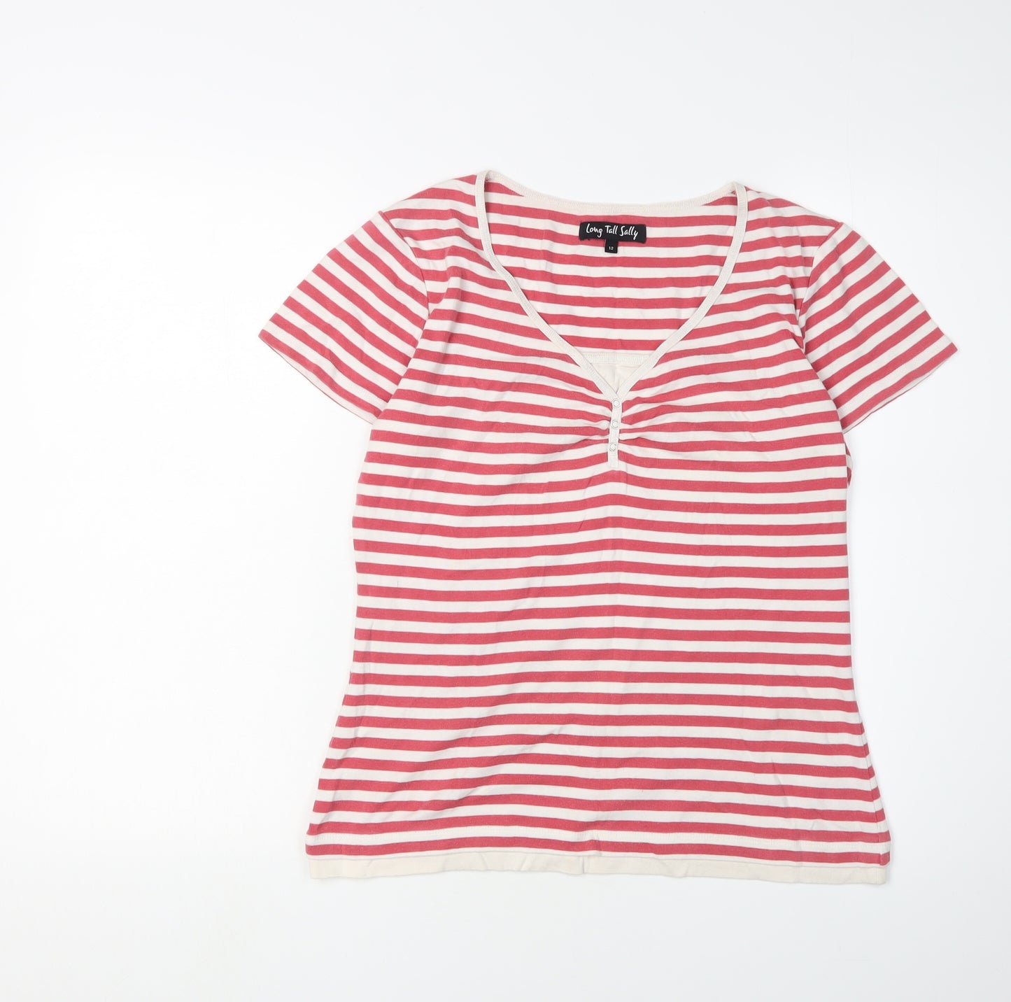 Long Tall Sally Women's Red Striped V-Neck T-Shirt Size 12