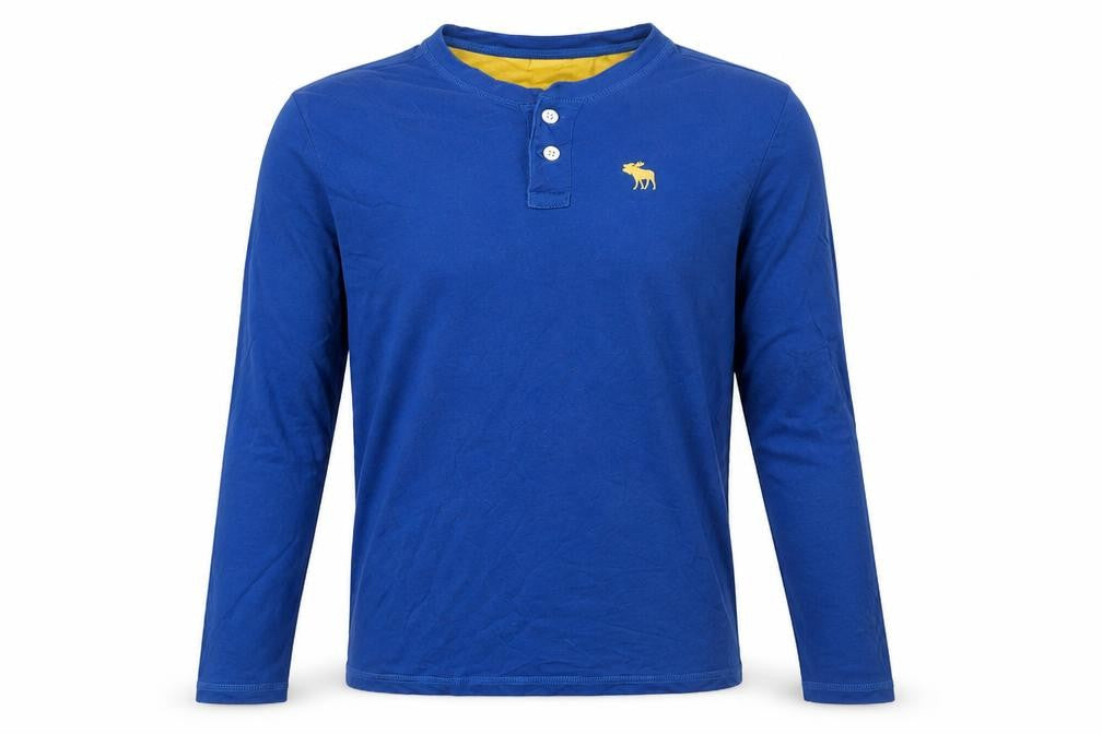 Front view of Abercrombie & Fitch boys’ blue xl henley long sleeve pullover top