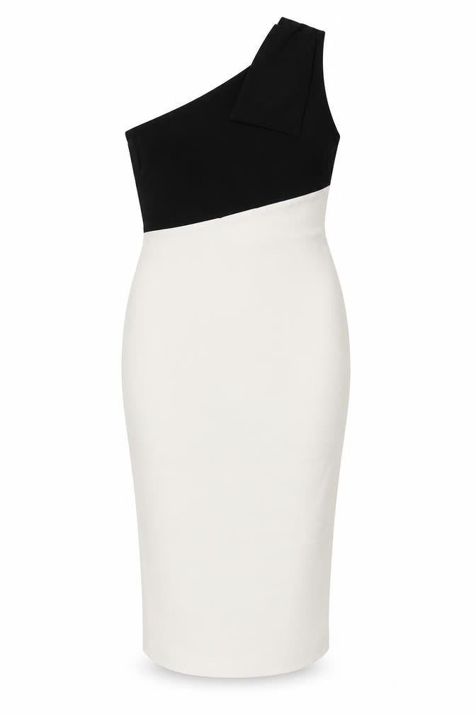 Front view of Vesper Women's One Shoulder Black & White Midi Pencil Dress