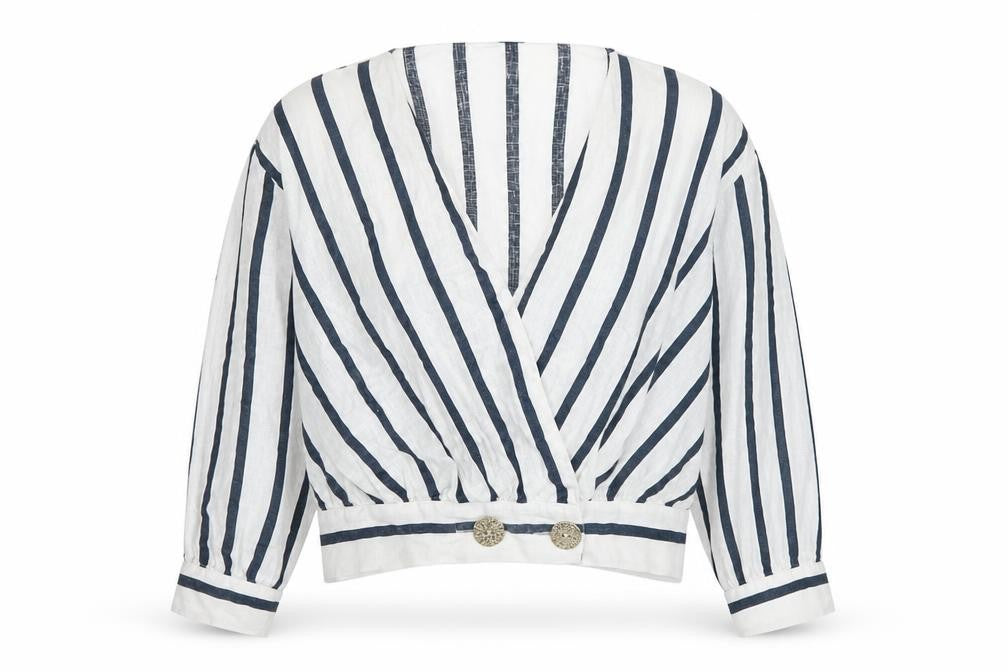 Front view of Zara Women's White Striped Wrap Blouse, UK S, Casual