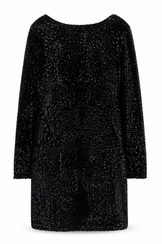 Front view of Mango Women's Black Sequin Bodycon Dress, size 12