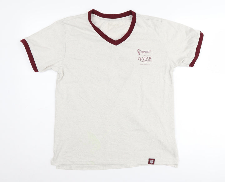 Qatar Airways Men Beige V-Neck Sports T-Shirt Size S