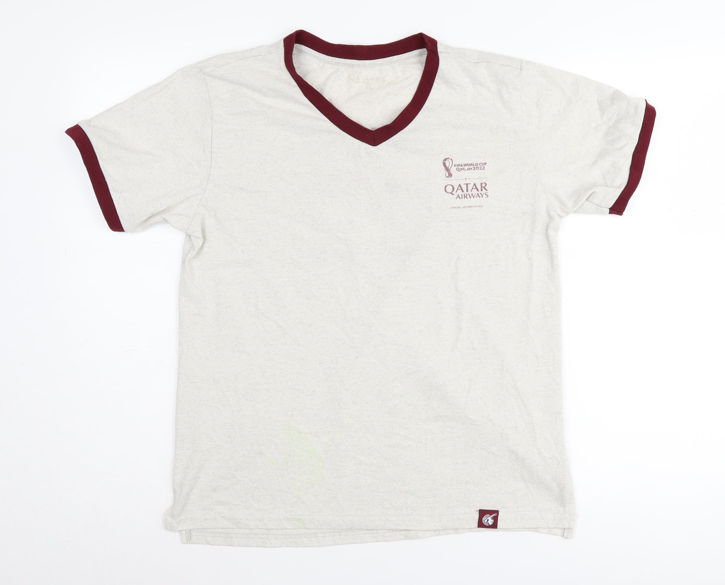 Qatar Airways Men Beige V-Neck Sports T-Shirt Size S