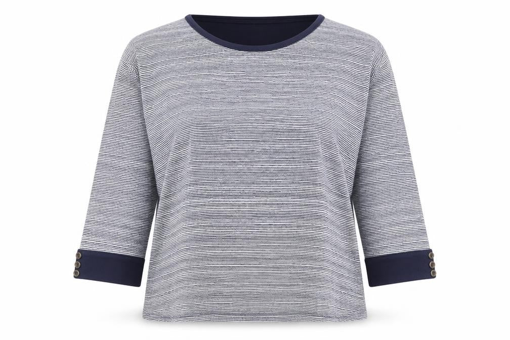 Front view of EWM Women's Blue Striped Jersey Top L