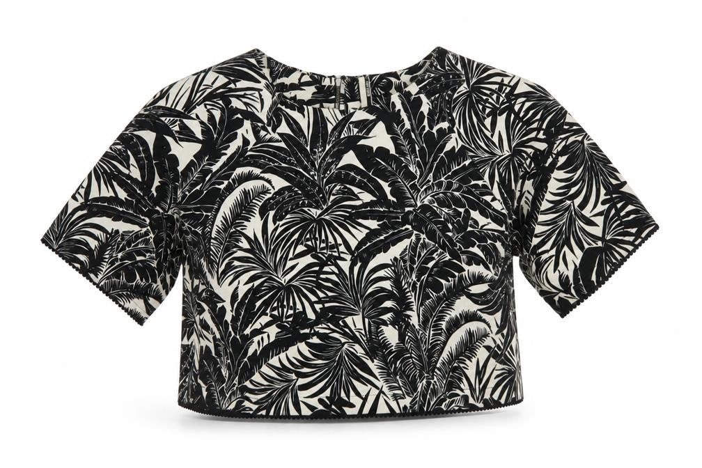 Front view of Topshop Women's Black Tropical Cropped Blouse, size 12