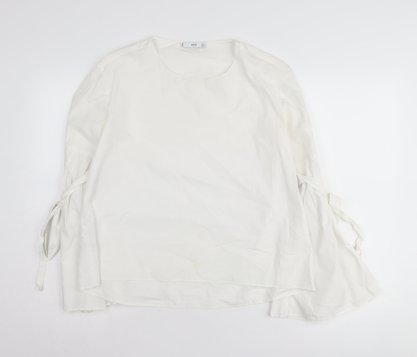 MNG Women's White Blouse, Size 8, Lightweight Tie Sleeve