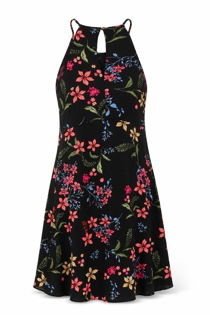 Stradivarius Women's Black Floral A-Line Dress L