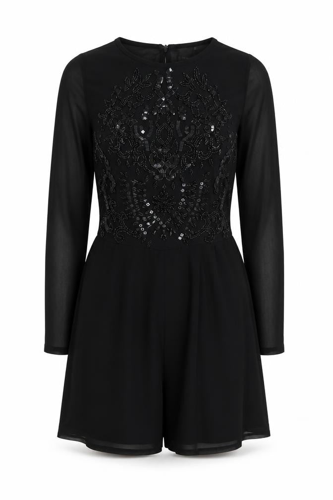 Front view of ASOS Women's Black Beaded Playsuit, size 8