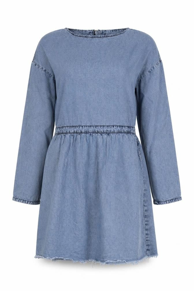 Front view of Warehouse Women's Blue Denim Shift Dress, size 12