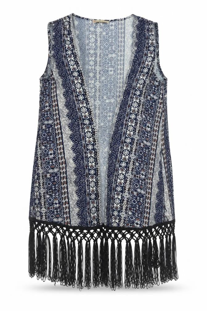 Front view of Cameo Rose Women's Blue Kimono Viscose Fringe