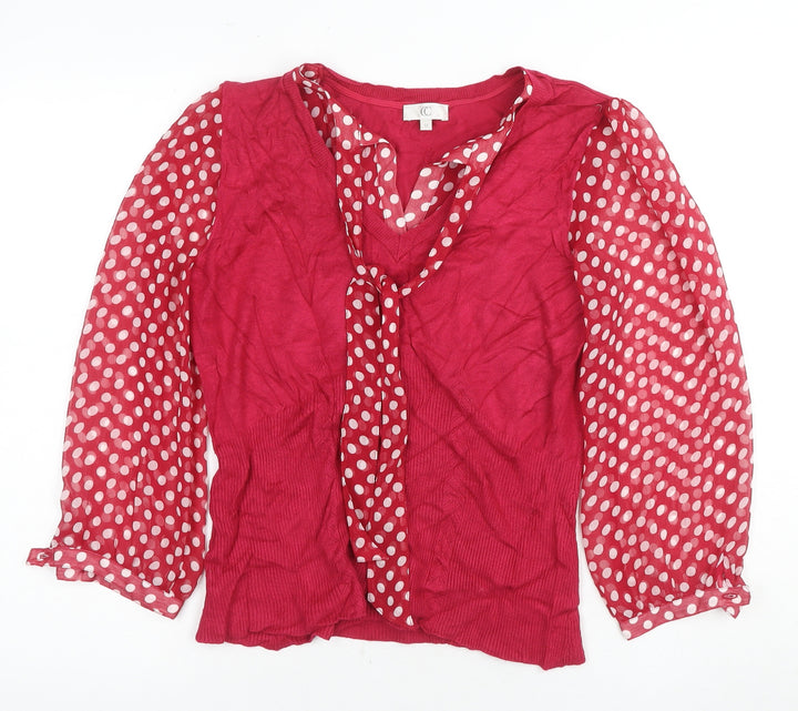 CC Women's Red Polka Dot Wrap Blouse, L, 3/4 Sleeve