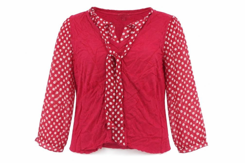 Front view of Country Casuals Women's Red Polka Dot Wrap Blouse, L, 3/4 Sleeve