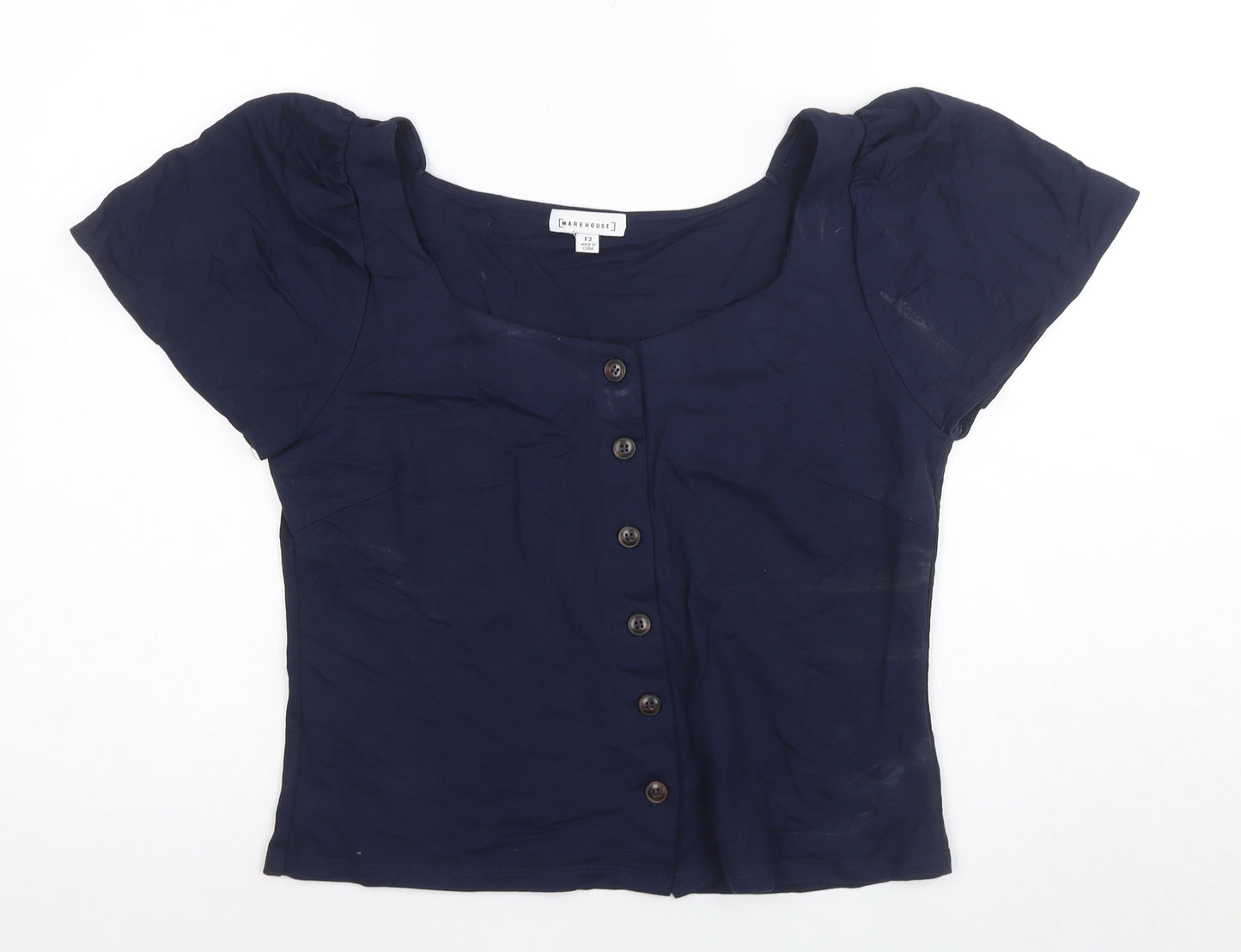 Warehouse Women's Blue Button-Up Square Neck Top