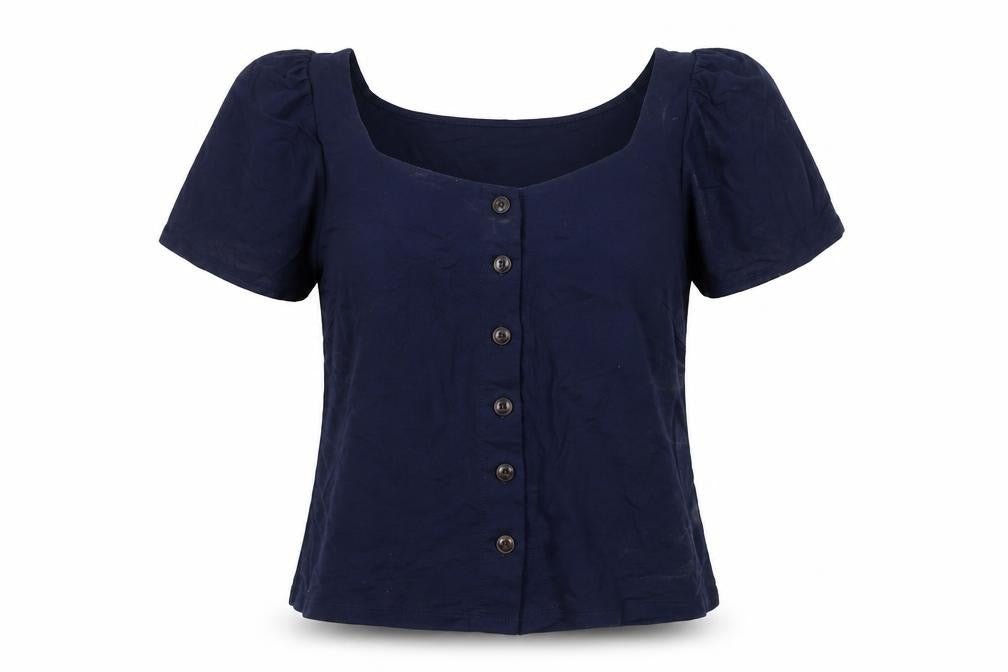 Front view of Warehouse Women's Blue Button-Up Square Neck Top