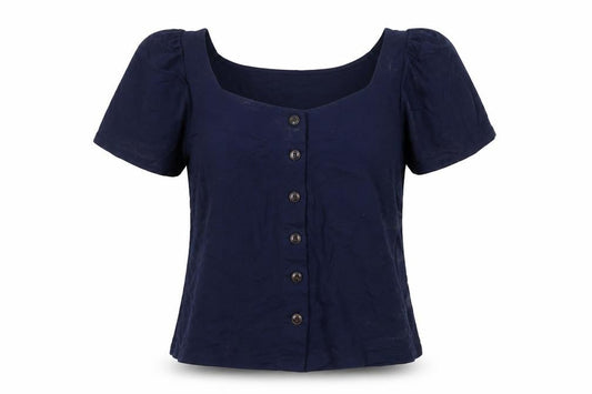 Front view of Warehouse Women's Blue Button-Up Square Neck Top