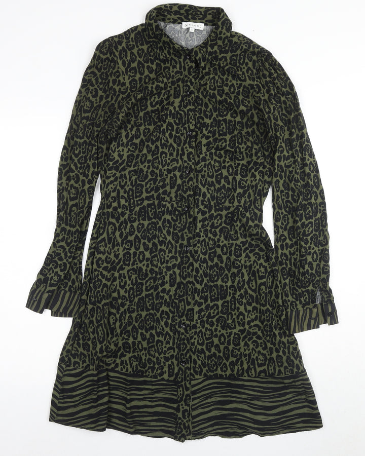 Warehouse Womens Green Animal Print Shirt Dress Size 10