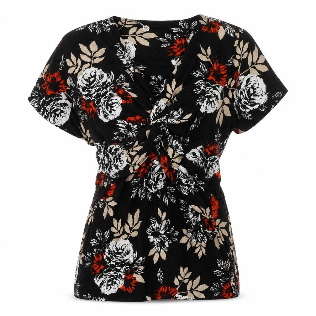 Front view of Laura Ashley Women's Black Floral Wrap Blouse -, size 12