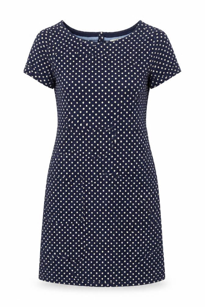 Front view of White Stuff Women's Blue Polka Dot Shift Dress, size 10