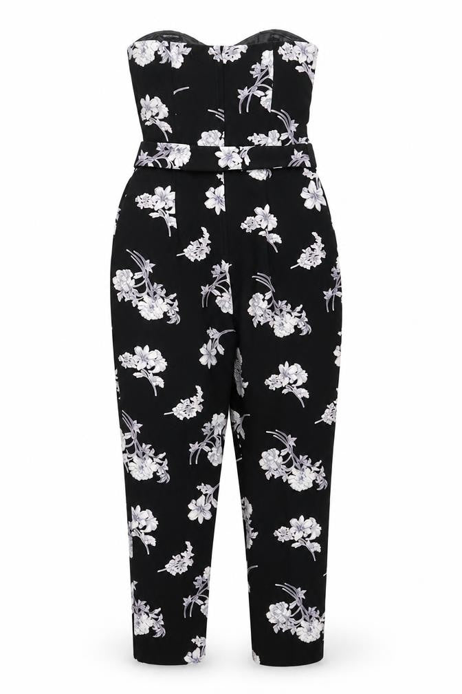 Front view of Miss Selfridge Women's Black Floral Jumpsuit, size 8