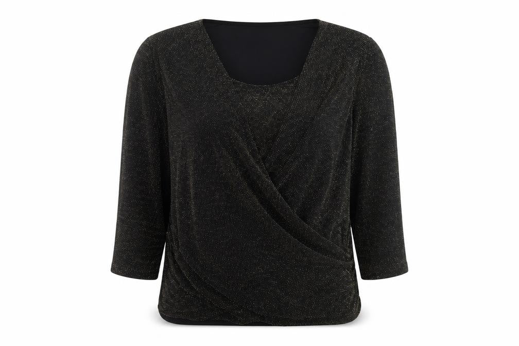Front view of Apricot Women's Black 3/4 Sleeve Wrap Tunic Top