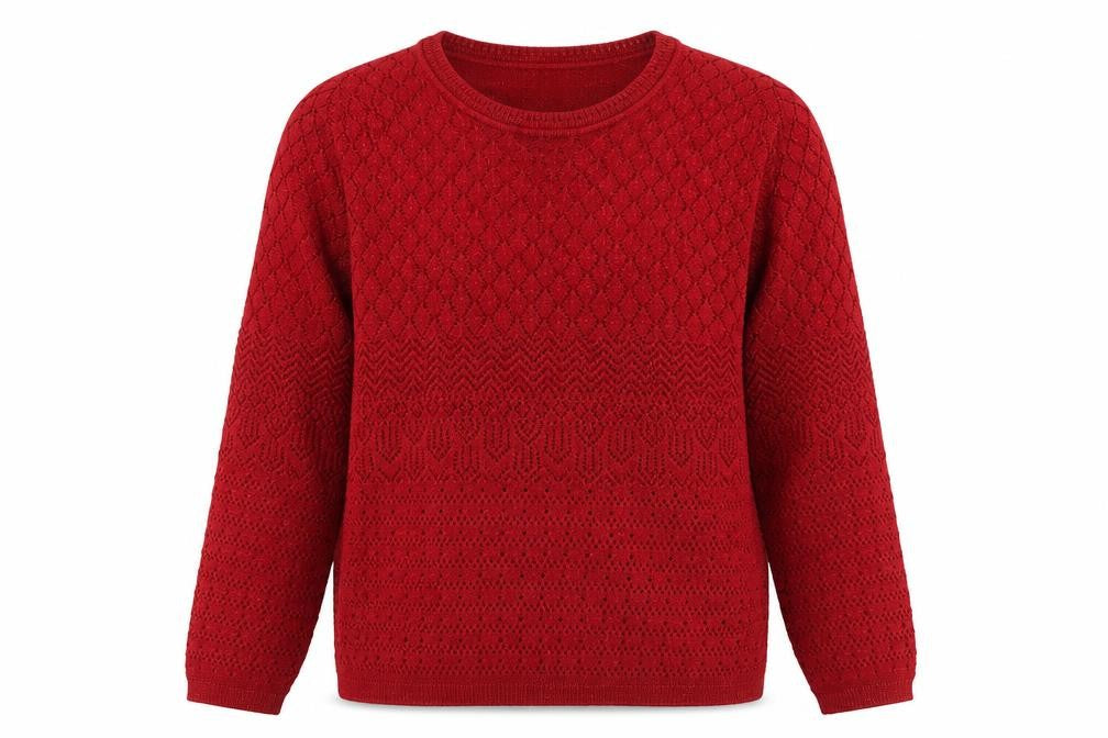 Front view of Isle Essentials Women's Red Pullover Long Sleeve Jumper