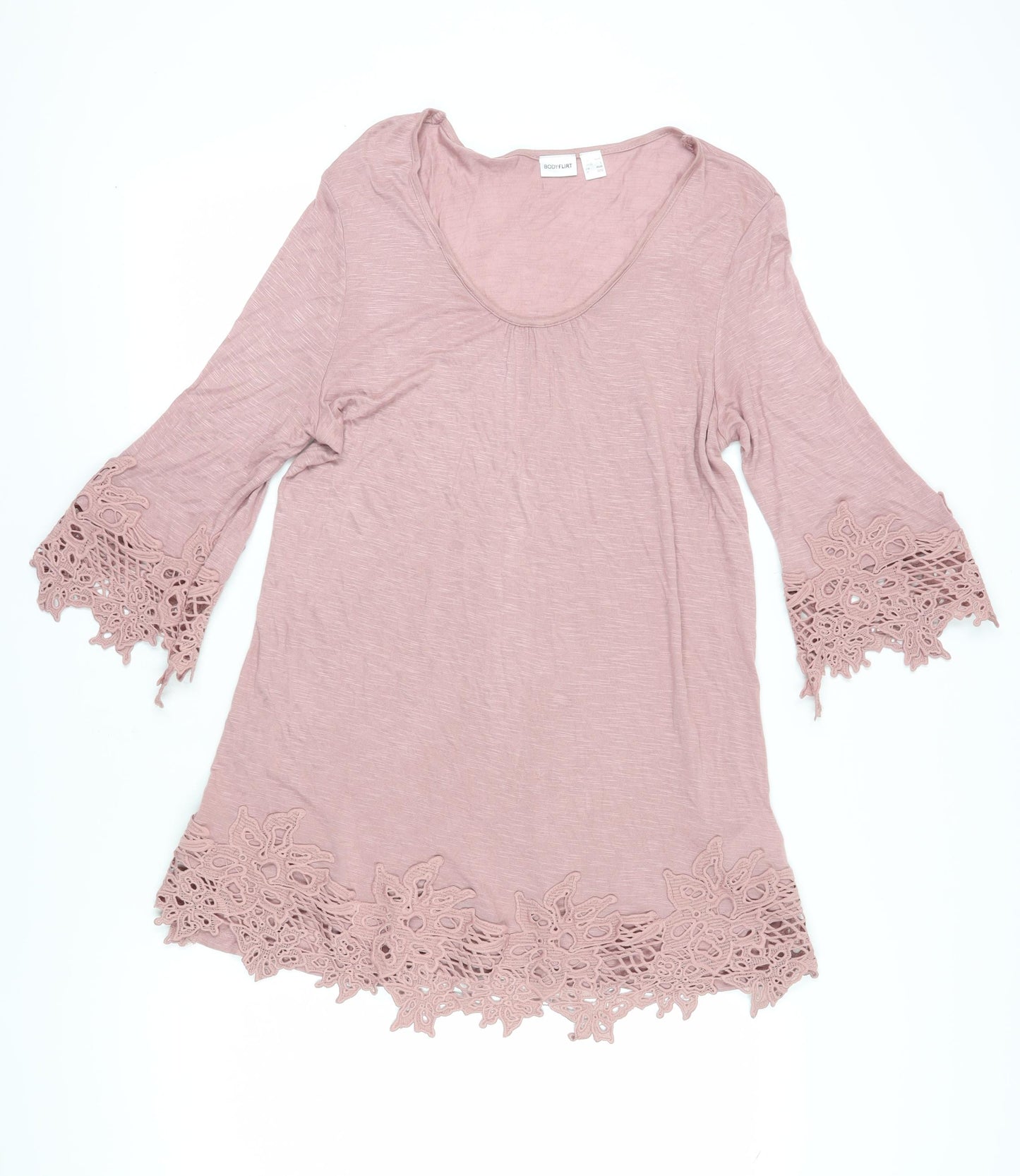 Body Flirt Women's Pink Bell Sleeve Crochet Tunic Blouse L