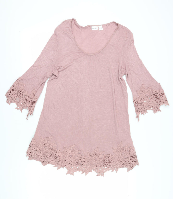 Body Flirt Women's Pink Bell Sleeve Crochet Tunic Blouse L