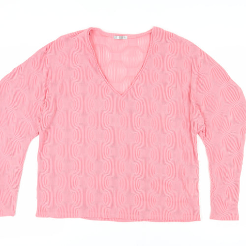 Zara Women's Pink V-Neck Long Sleeve Blouse