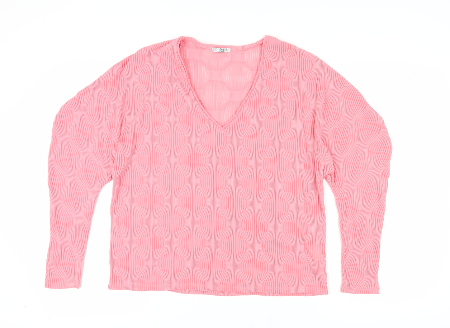 Zara Women's Pink V-Neck Long Sleeve Blouse