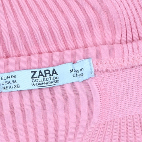 Zara Women's Pink V-Neck Long Sleeve Blouse