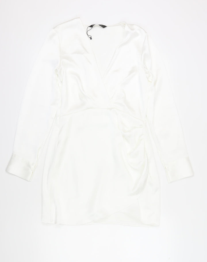 Zara Women's White Long Sleeve Wrap Dress L