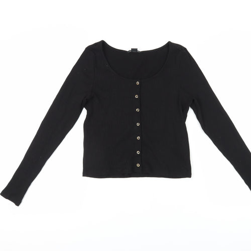 Monki Women's Black Button-Up Top, Medium, Long Sleeve