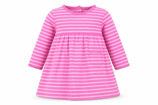 Front view of JoJo Maman Bébé girls’ pink striped dress 12 months