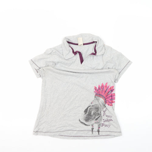 Decathlon Girls Grey Polo Shirt Graphic Print 14 Years
