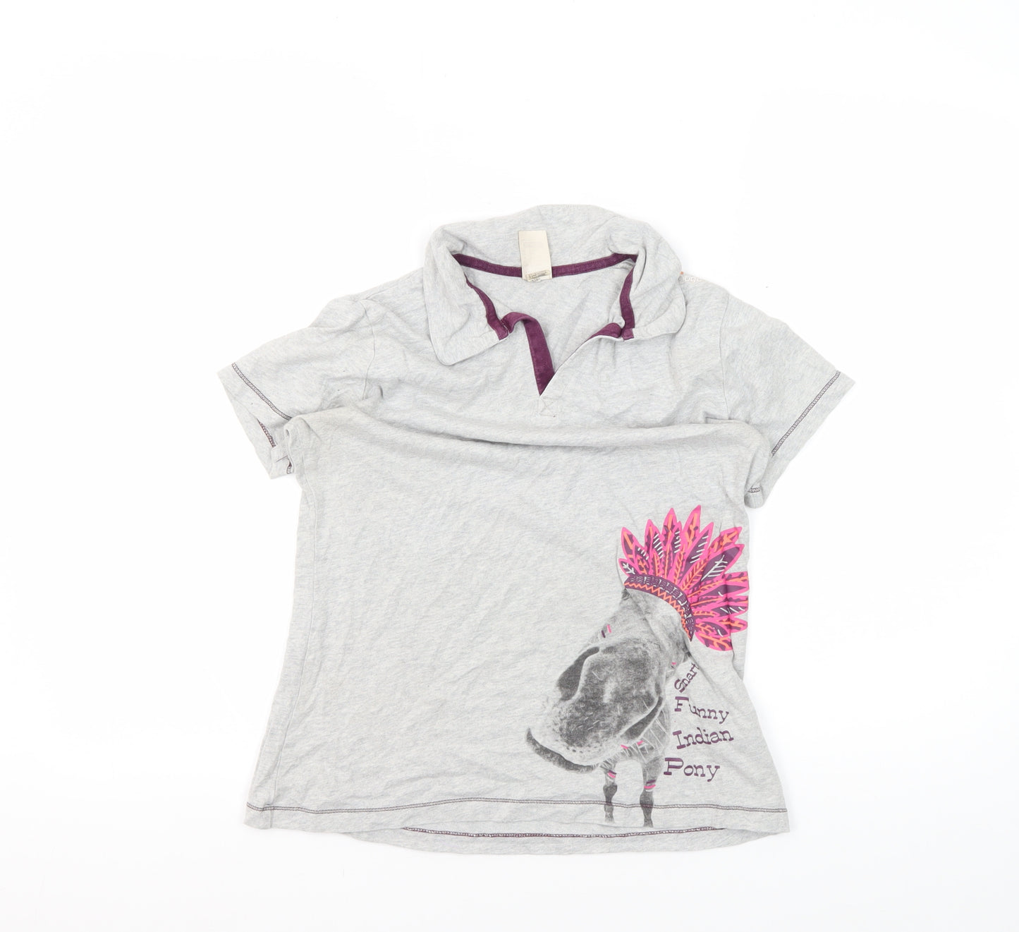 Decathlon Girls Grey Polo Shirt Graphic Print 14 Years