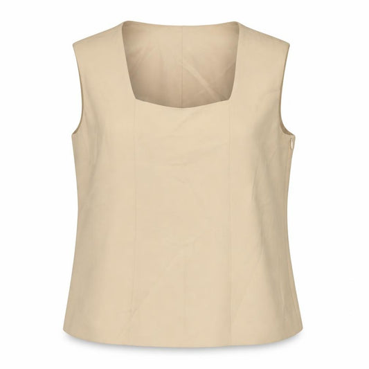 Front view of Delmod Women's Beige Square Neck Sleeveless Blouse, size 16