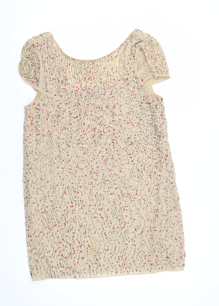 Zara Women's Beige Sequin Party Shift Dress M