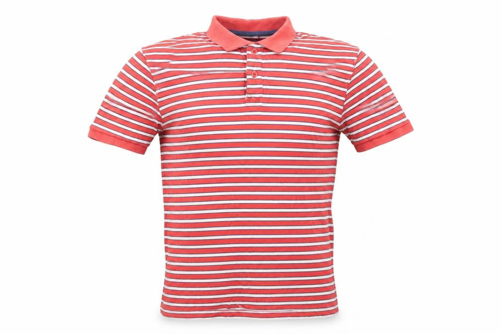 Front view of Cedarwood State Men's Red Striped Polo Medium