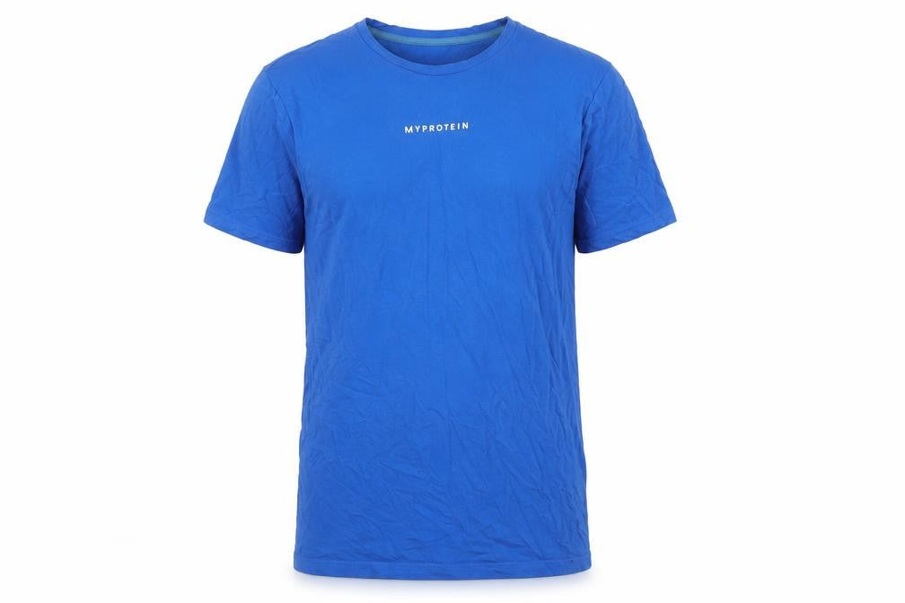 Front view of Myprotein Men's Blue Crew Neck T-Shirt, Medium, Cotton Blend