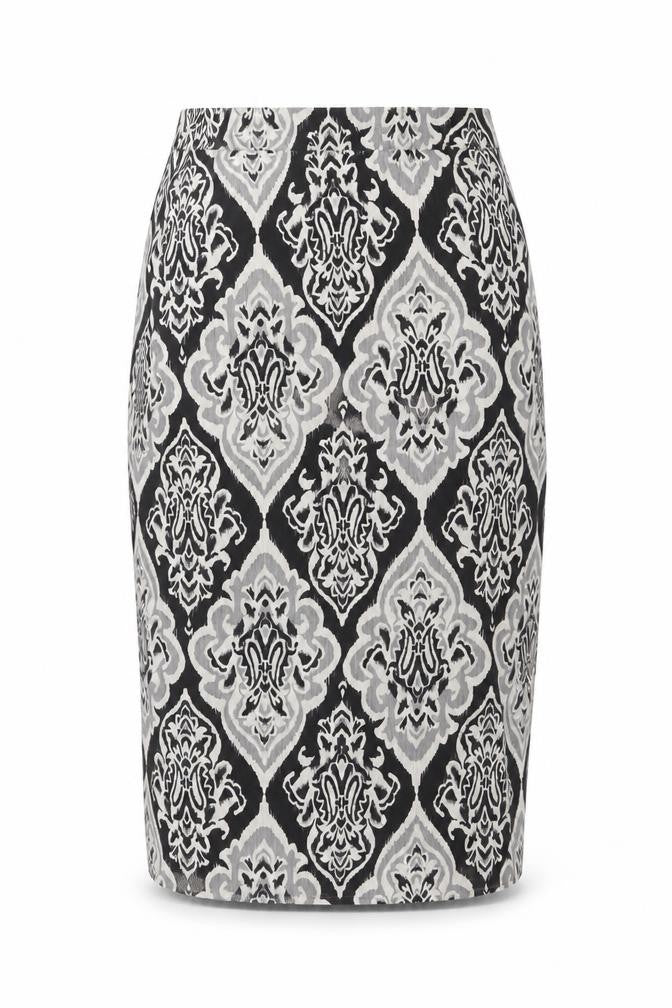 Front view of Mango Women's Black Geometric Pencil Skirt, size 10