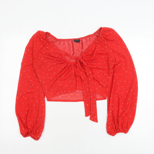 Topshop Women's Red Polka Dot Tie Crop Blouse
