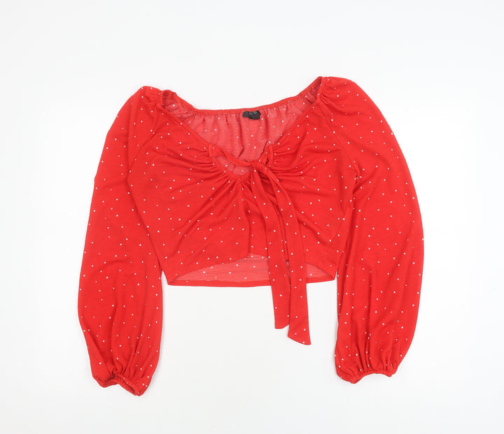 Topshop Women's Red Polka Dot Tie Crop Blouse