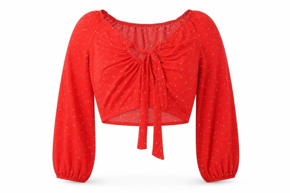 Front view of Topshop Women's Red Polka Dot Tie Crop Blouse