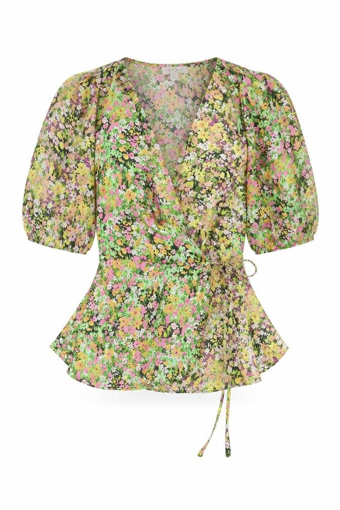 Front view of Topshop Women's Floral Puff Sleeve Wrap Blouse, size 8