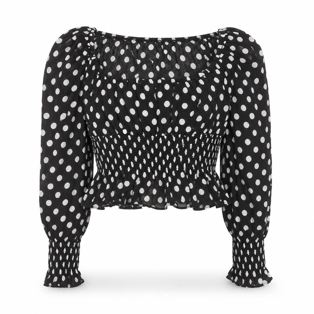 Front view of Topshop Women's Black Polka Dot Cropped Blouse, size 8