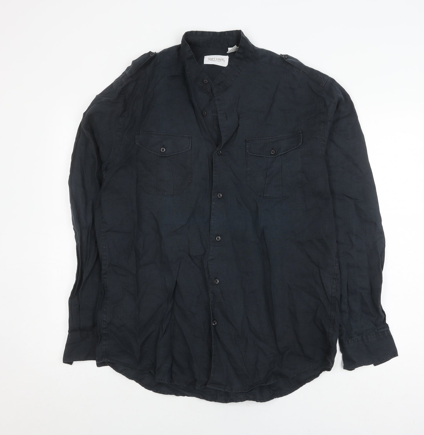 Soft Grey Men's Black Linen Long Sleeve Shirt - Size 16