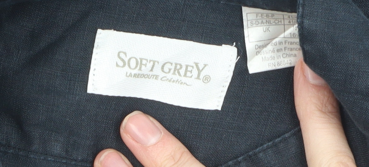 Soft Grey Men's Black Linen Long Sleeve Shirt - Size 16