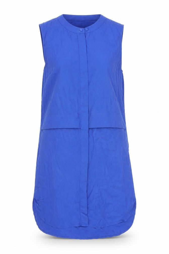 Front view of Warehouse Women's Blue Sleeveless Shift Dress, size 12
