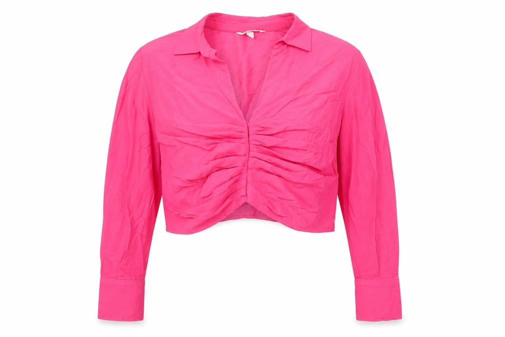 Front view of H&M Women's Pink Cropped Blouse, size L, Collared